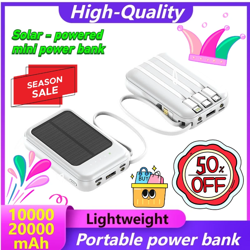 

10000mAh 20000mAh Solar Powered Mini Power Bank with Large Capacity Built-in Cable Portable Mobile Power