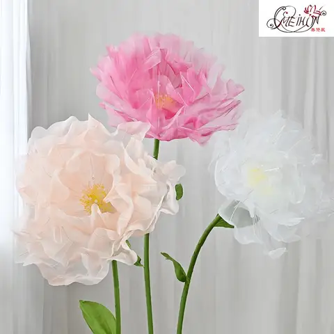 Artificial Realistic Silk Poppy Pink Large Flower Head Home Party Decoration Layered Fluffy Petals Floor Display Fake Flowers 