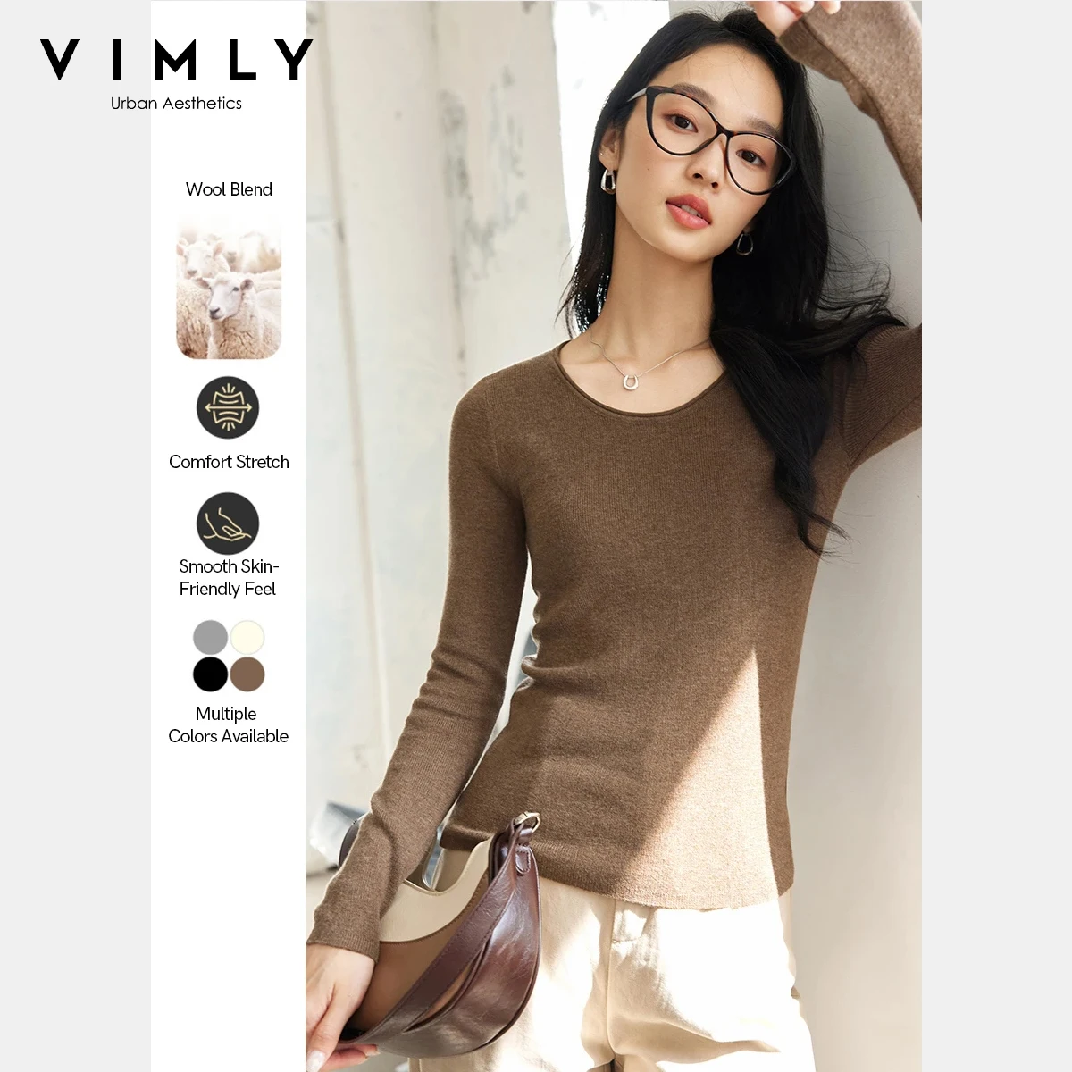 

Vimly Knitted Sweater for Women 2025 Autumn Long Sleeve Wool Blend Slim Fit Stretchy Sweaters Lazy Style Casual Jumpers 73258