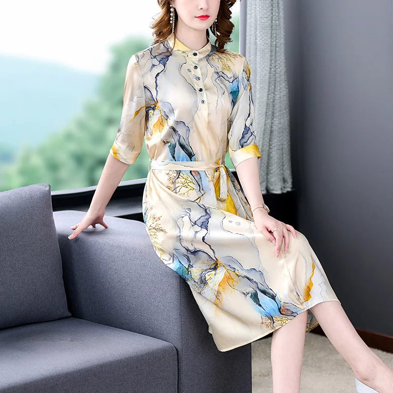 Kuzuwata O Neck Flying Short Sleeve Temperament Dress Women High Waist Hip A Line Long Slim Vestidos Summer 2022 New Robe Print