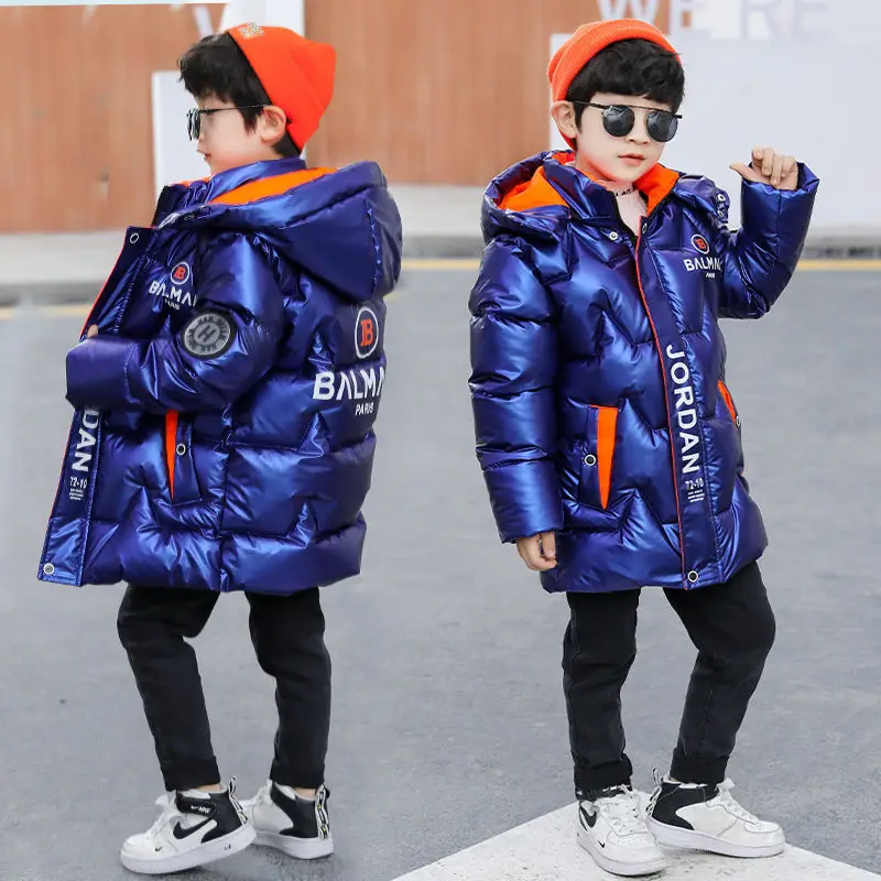 4-13T Boys Parkas Hooded Letters Print Plus Velvet Thicken Warm Children'S Outerwear Bright Skin No Washing Required Jackets