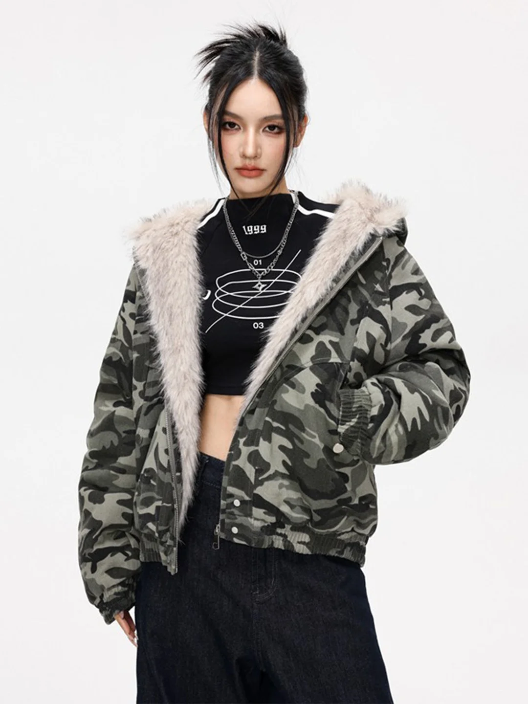 

Men's Camouflage Hooded Jaet Thiened Heavyweight Cotton Coat Large Fur Collar Cleanfit ort Sle Warmth Assurance