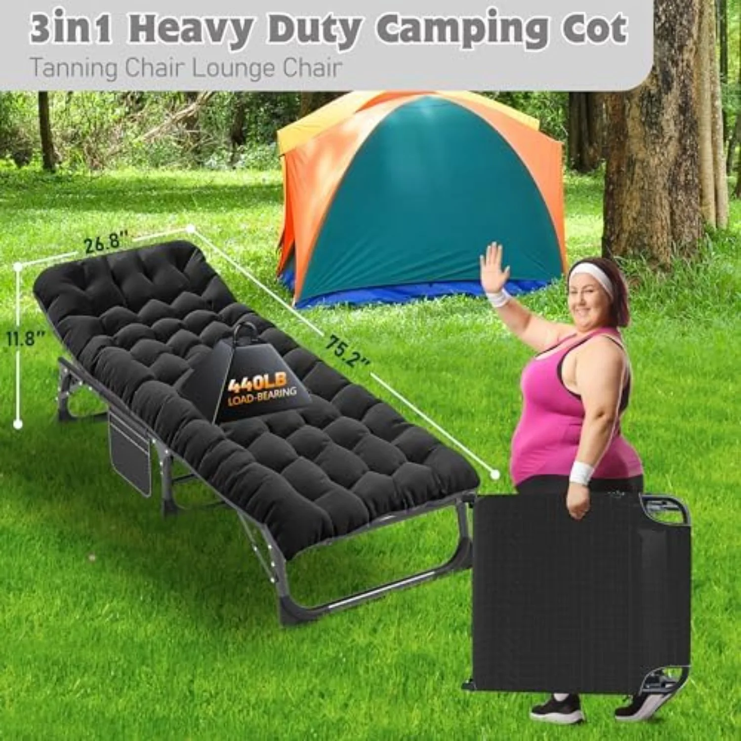Extra Wide Camping Cot for Adults, 1200D Oxford with Mat | Extra-wide folding cot opens in under 10 seconds with a