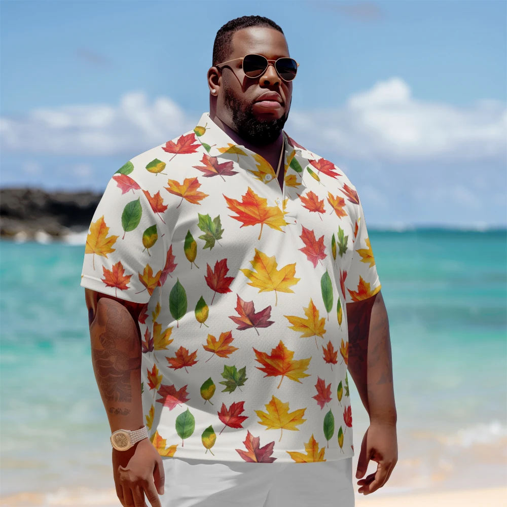 

1 men's plus size polo shirt with summer colorful maple leaf print casual lapel button suitable for shopping and golf