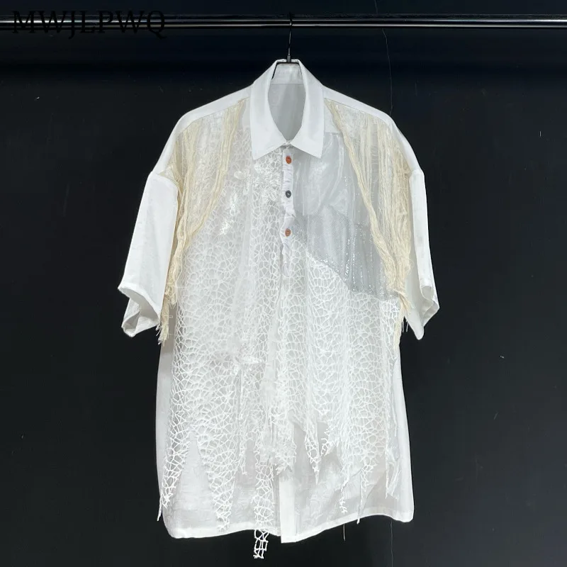 

MWJLPWQ Выдалбливают Niched Design 2025 Новая белая рубашка Мужская однобортная рубашка с лацканами Новые свободные повседневные топы унисекс с короткими рукавами 11300