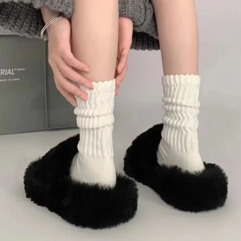 1/2Pairs Lolita Long Socks Women Solid Color Knitted Warm Middle Tube White Warmer Ladies Autumn Winter Crochet Sox Boot Cuffs