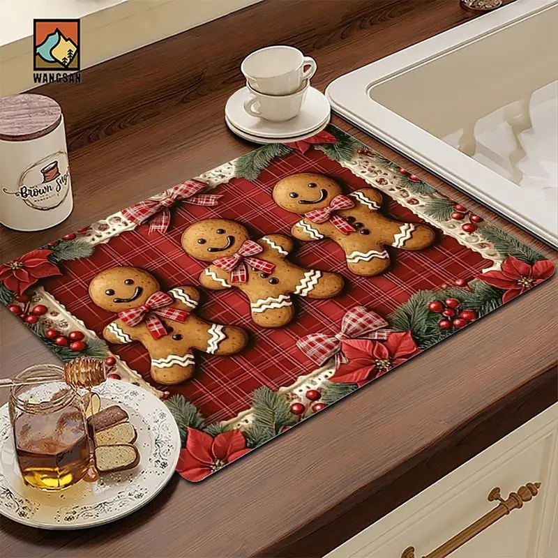 VIKAMA Red Checkered Christmas Gingerbread Tableware Drainer, Absorbent Kitchen Counter Mat, Coffee Maker Table Mat, Home Decor
