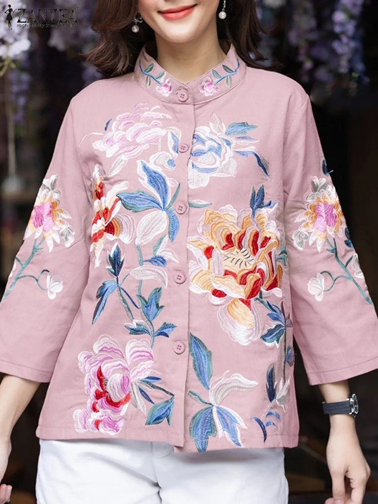 ZANZEA-camisas elegantes con estampado Floral para mujer, blusas informales con cuello levantado y manga 3/4 abotonada, camisas holgadas de otoño 2025 para mujer