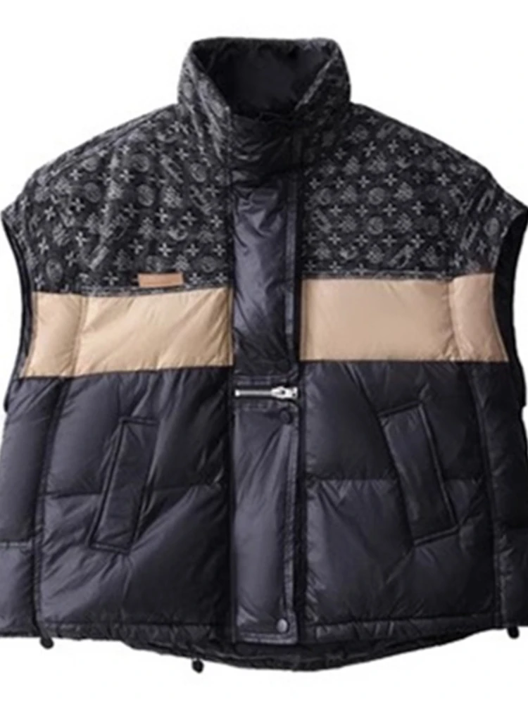 Piumino retrò alla moda Gilet invernale Nuovo colore a contrasto Giacche da pane Spalla oversize allentata Piumino d'anatra bianca da donna