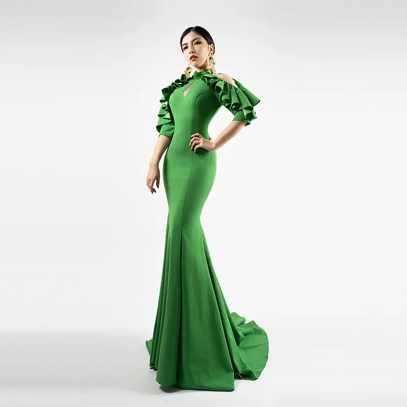 Green Mermaid Evening Dresses Ruffle Sleeves Formal Party Dress Pleated Women Special Prom Gowns