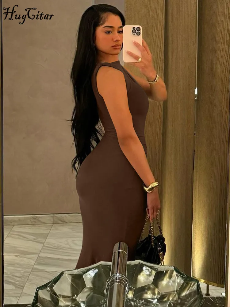 Hugcitar 2025 elegante sólido sem mangas drapeado sexy bodycon maxi vestido de baile verão roupas de moda feminina festa de aniversário festival