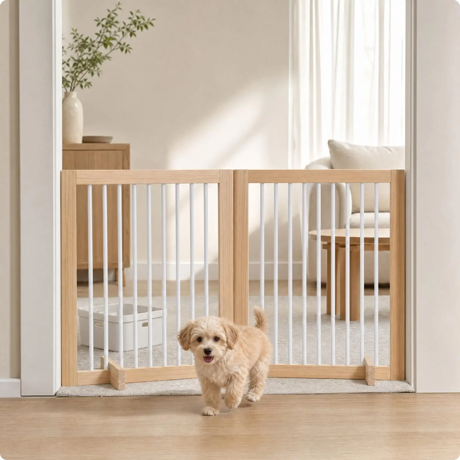 Freestanding Wooden Pet Barrier for Indoor Doorways Folding Pet Gate with Stabilizing Feet for Small Medium Dogs Cats Home Pet