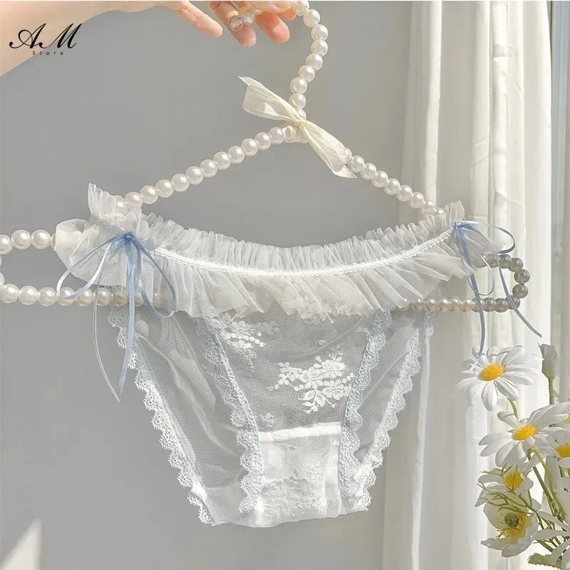 Japanese Straps Thongs Mesh Lace Panties Women Underwear Low-waist Sweet Student Kawaii Lolita See Through Briefs Sexy Lingerie