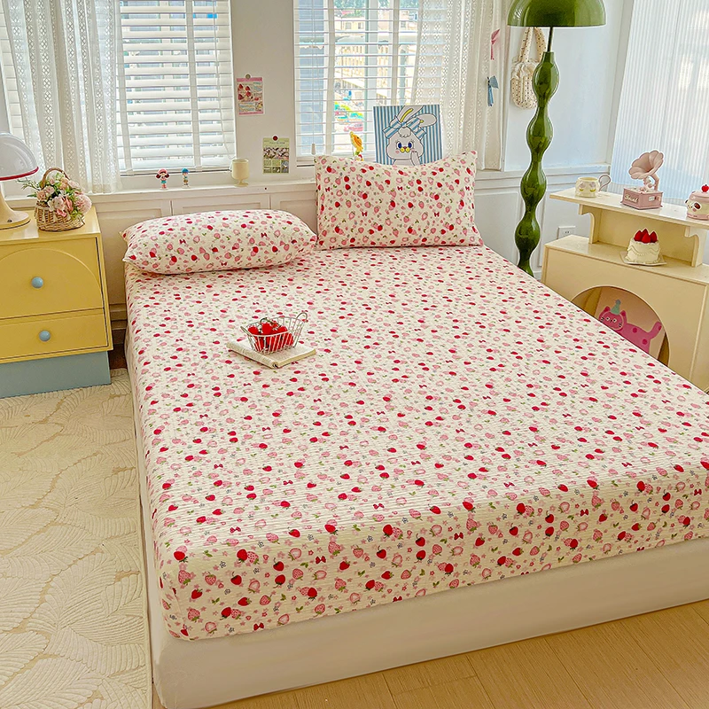 Bed Sheet Puff Gauze Fitted Sheet with Elastic roupa de cama Single/Queen/King Size Bed Cover for Twin Bed sabanas matrimoniales