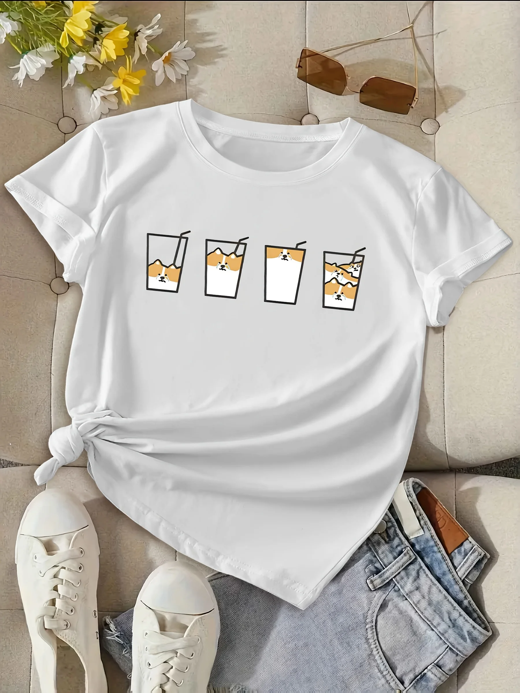 

Милая футболка с рисунком собаки Шиба-ину, повседневная футболка с круглым вырезом и короткими рукавами, летняя уличная одежда в стиле Харадзюку, модные футболки