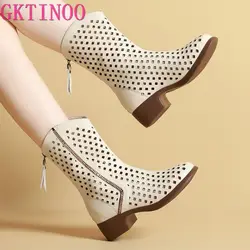 GKTINOO Women's Boots 2024 Summer Genuine Leather Woman Mid-Calf Boots Fashion Hollow Out Ladies Shoes Women Summer Boot Shoes