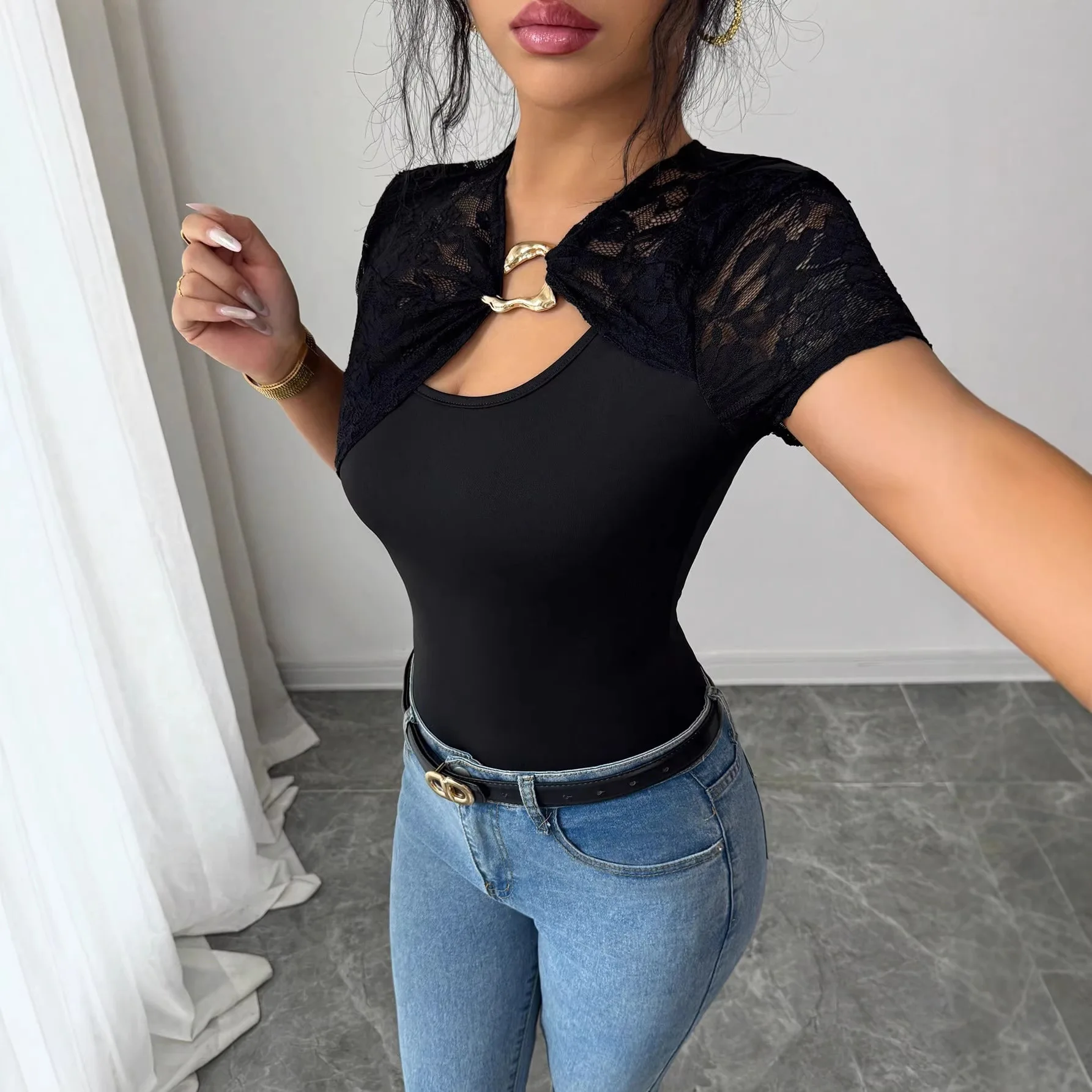 2026 New Lace Patchwork Metal Buckle Slim Hollow Sexy Summer Short Sleeve T-shirt For Women Birthday Dress Robe Maxi Y2k、 Femme