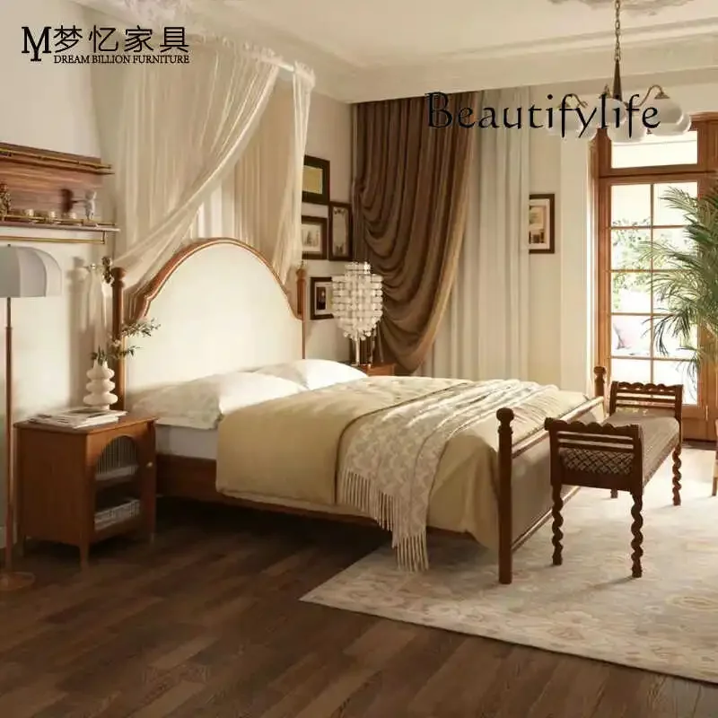retro bread bridge bed solid wood fabric double bed bedroom 1.8 meters large bed pastoral high-end
