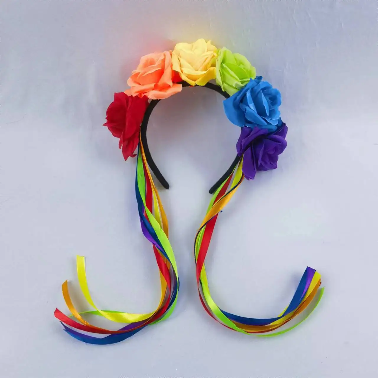 Simulation Rose Headband with Rainbow Ribbon Carnival Hair Accessories Festival Decorative Hairband Party Supplies Cosplay Props