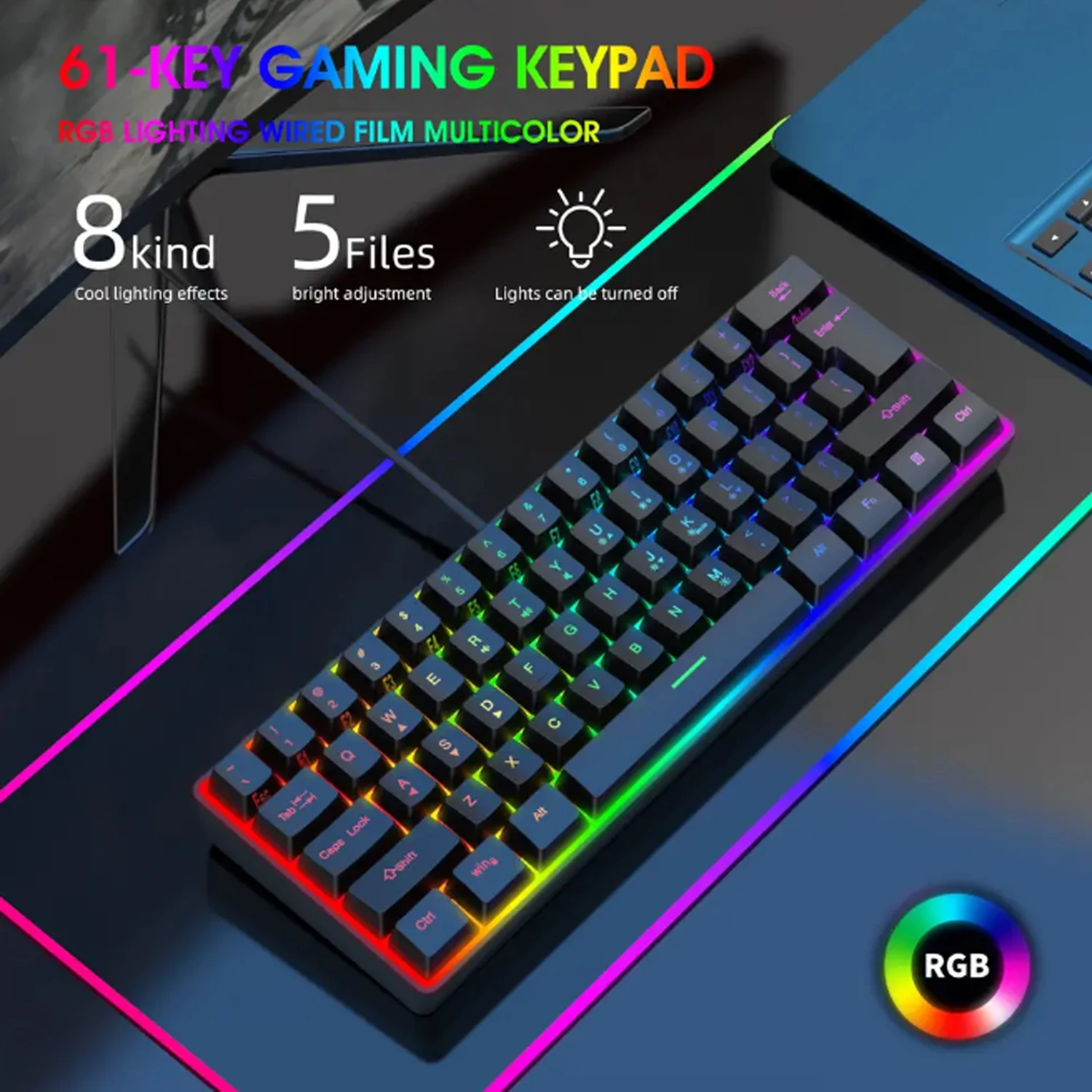 

Проводная игровая клавиатура на 60%, сверхкомпактная мини-клавиатура с RGB-подсветкой, водонепроницаемая маленькая компактная 61-клавишная клавиатура для ПК/Mac геймеров