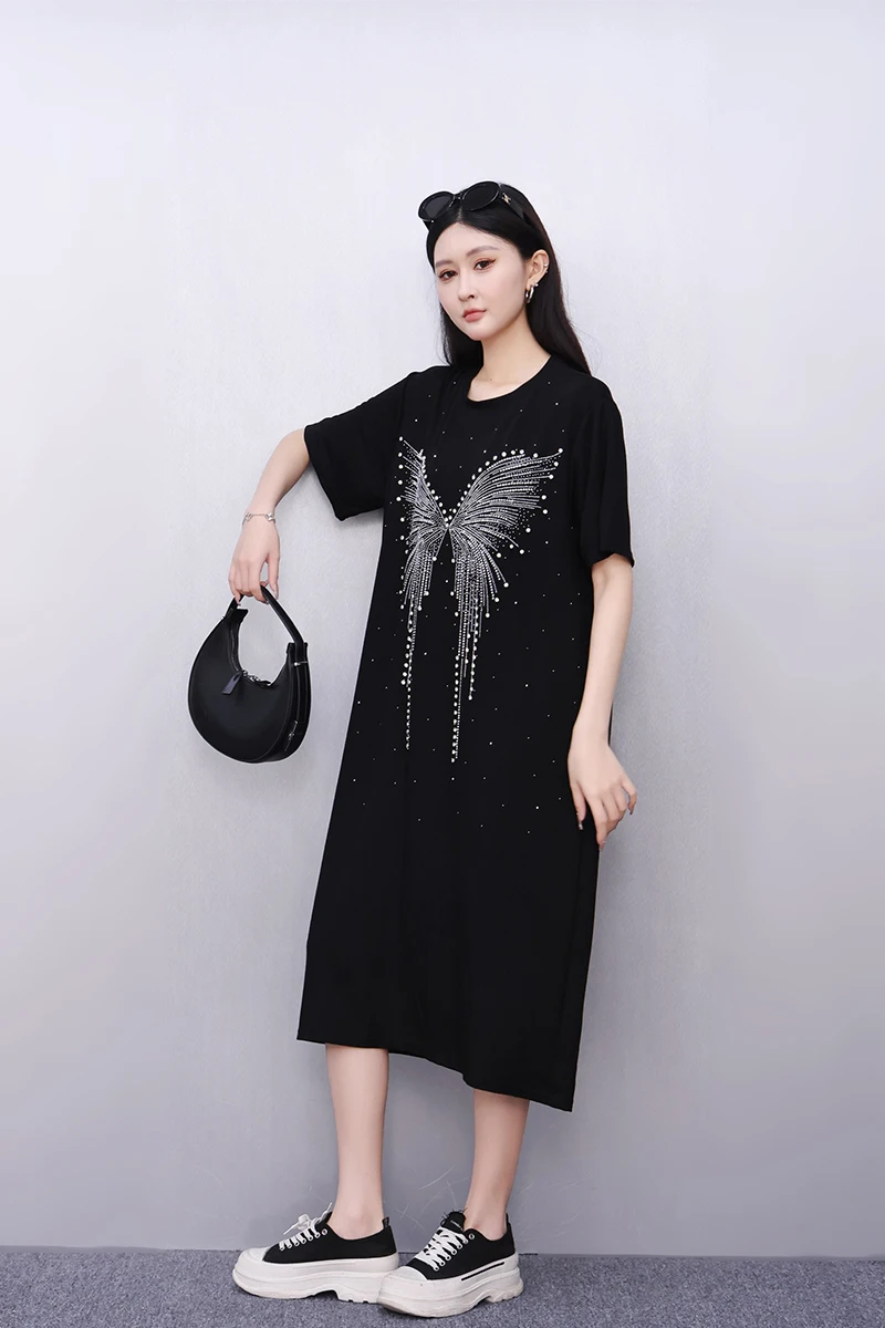 2025 الربيع الصيف موضة أنيقة سوداء س الرقبة فضفاضة طويلة تي شيرت فساتين النساء فستان قصير الأكمام السيدات J1087