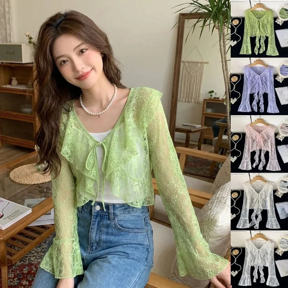 

V-Neck Lace Cardigan Flared Sleeve Hollow Out Sun Protection Cardigan Lightweight Ruffle Edge Sun-proof Shirt Spring Summer Wear