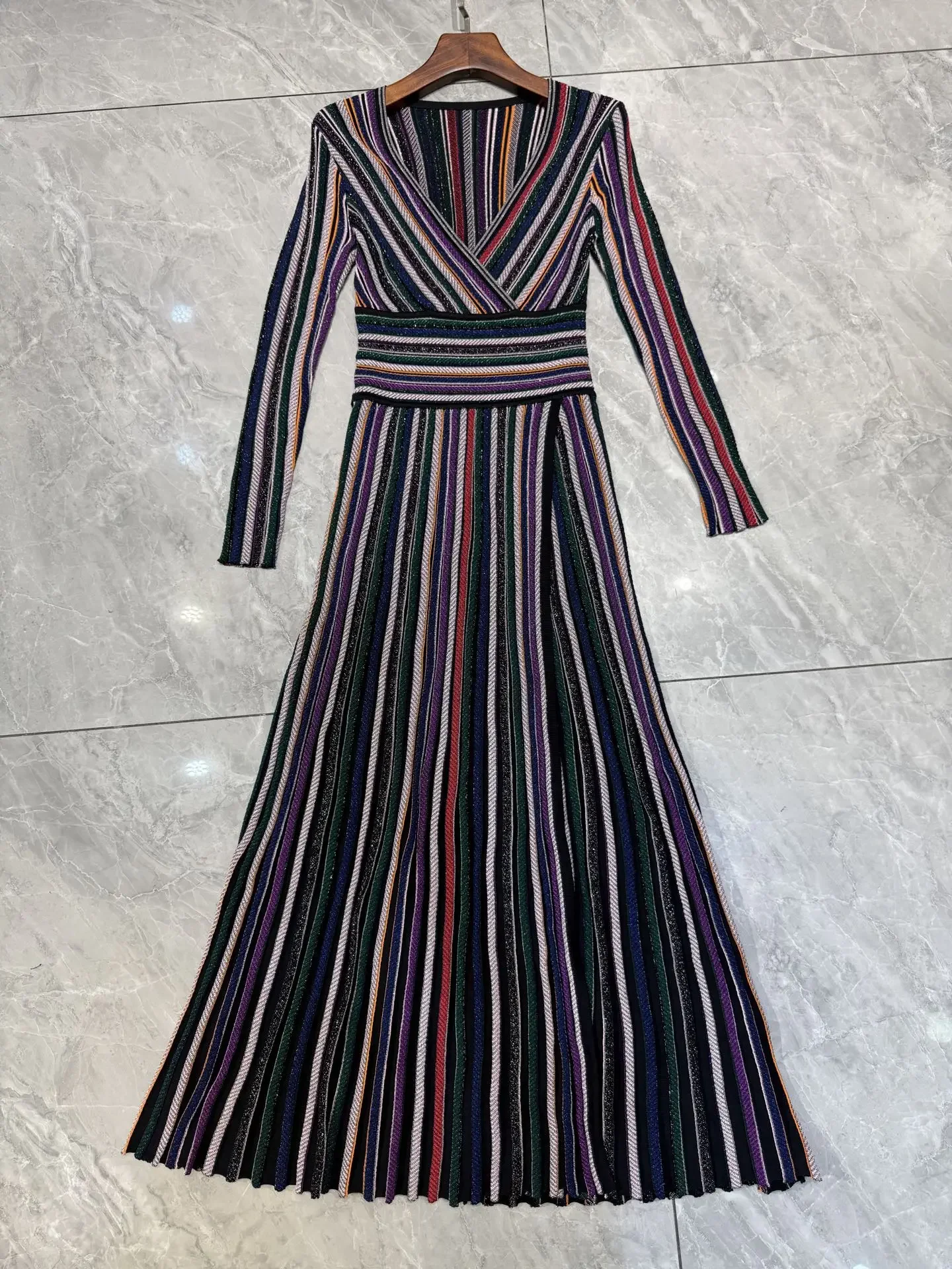 2 cores feminino metálico lantejoulas listrado robe cintura elástica com decote em v manga longa vintage senhoras vestido maxi de malha