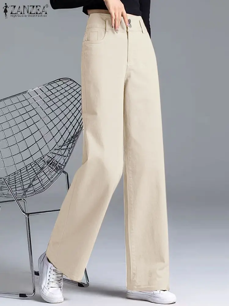 

Office Lady Mid Waist Pantalones ZANZEA Women Straight Long Pants Casual Loose Wide Leg Trousers 2024 Autumn Solid Color Bottoms