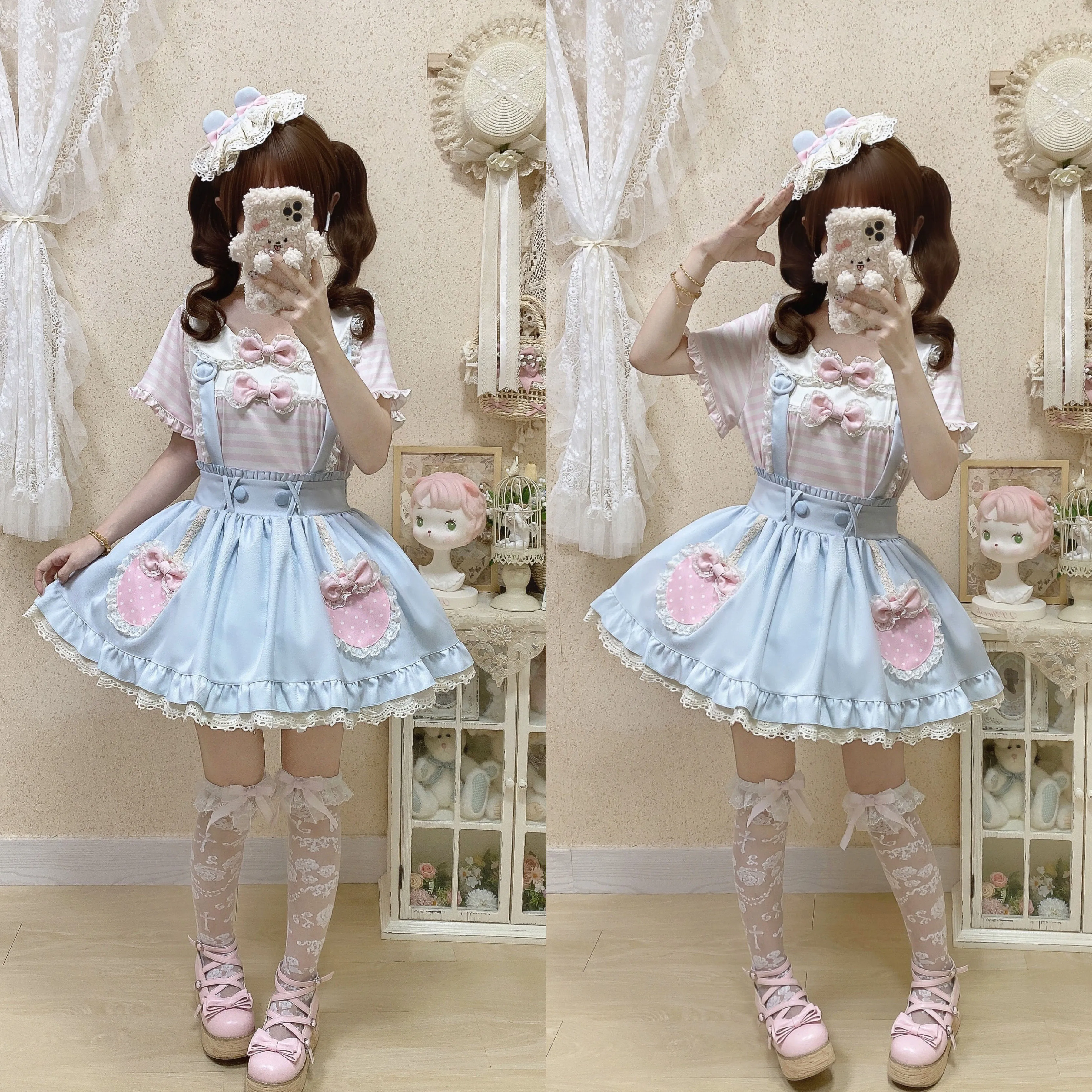 Kawaii Sweet Lolita Set Short Sleeve Striped Top + Pink Suspender Shorts Bow Lace Pocket Princess Daily Outfit
