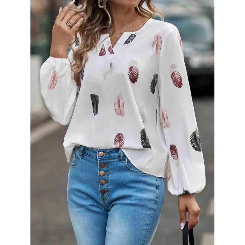 Fashion Women's Blouse Shirts Tops Casual Loose long Sleeve Feather Printing Pattern For Female Tops Elegant Chiffon Mujer Women