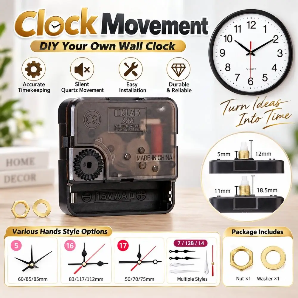 Silent Sweep Classic Quartz Clock Movement Battery Operated Replacement Mechanism Clock Hands Set Quartz Powered