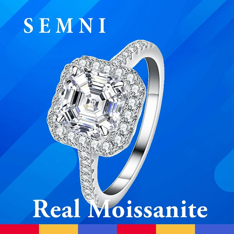 

SEMNI 3.0CT Asscher Cut Moissanite Diamond Ring for Women 925 Sterling Silver Powerful Band Fine Jewelry Birthday Party Gift