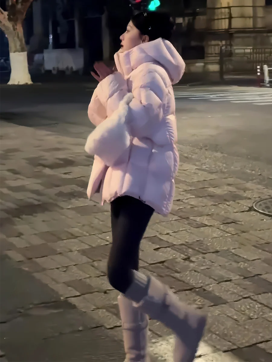Chaqueta de Plumón Coreana, Estilo Holgado, Color Blanco, con Capucha, para Mujer, Color Rosa, Abrigo de Invierno Informal, Elegante, de Longitud Media, con Cremallera
