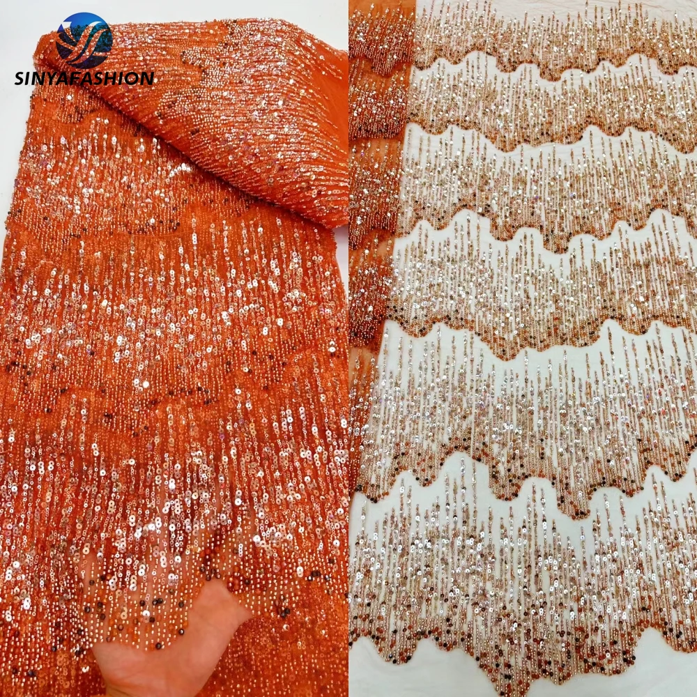 Sinya Burnt Orange African Lace Fabric 2024 French Net Embroidery Pearls Sequins African Lace Fabric Luxury Beaded Wedding Lace