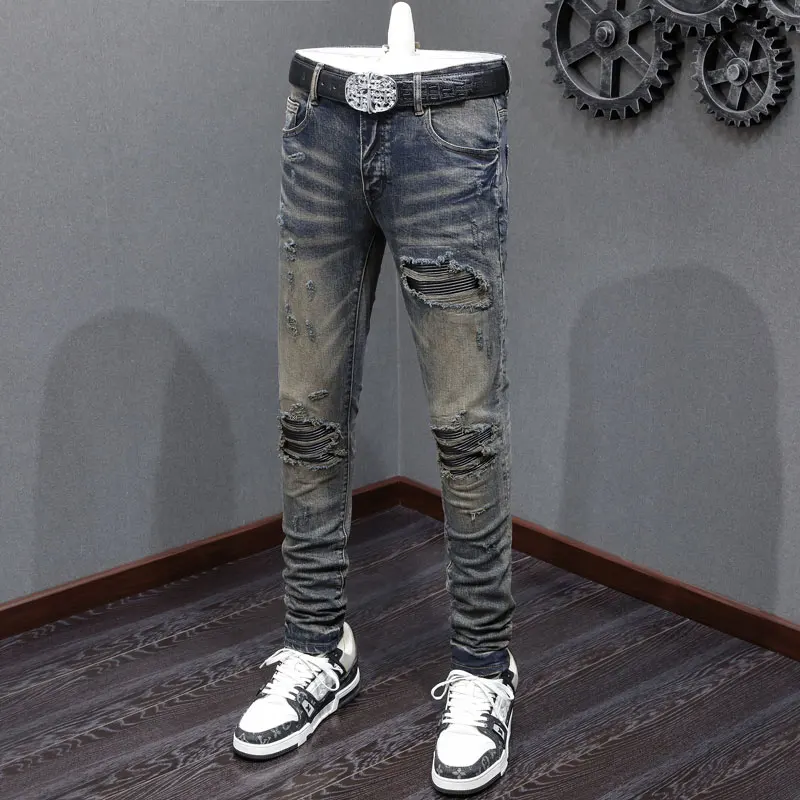 

Latest designer fashion new men's jeans elastic tight patch leather washed black gray jeans high street fashion hip-hop brand pa