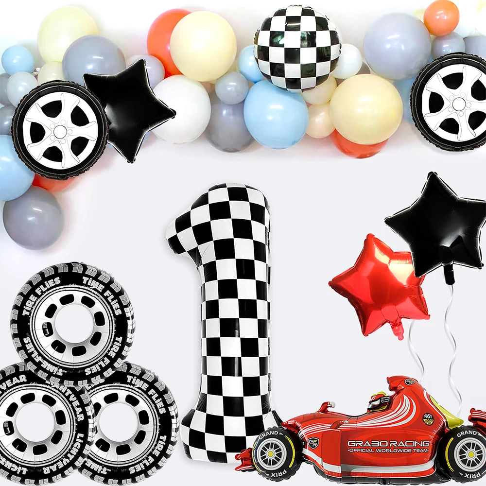 Globos de números de aluminio a cuadros para fiesta temática de coche de carreras, rueda de coche, globos de neumáticos, decoraciones de fórmula