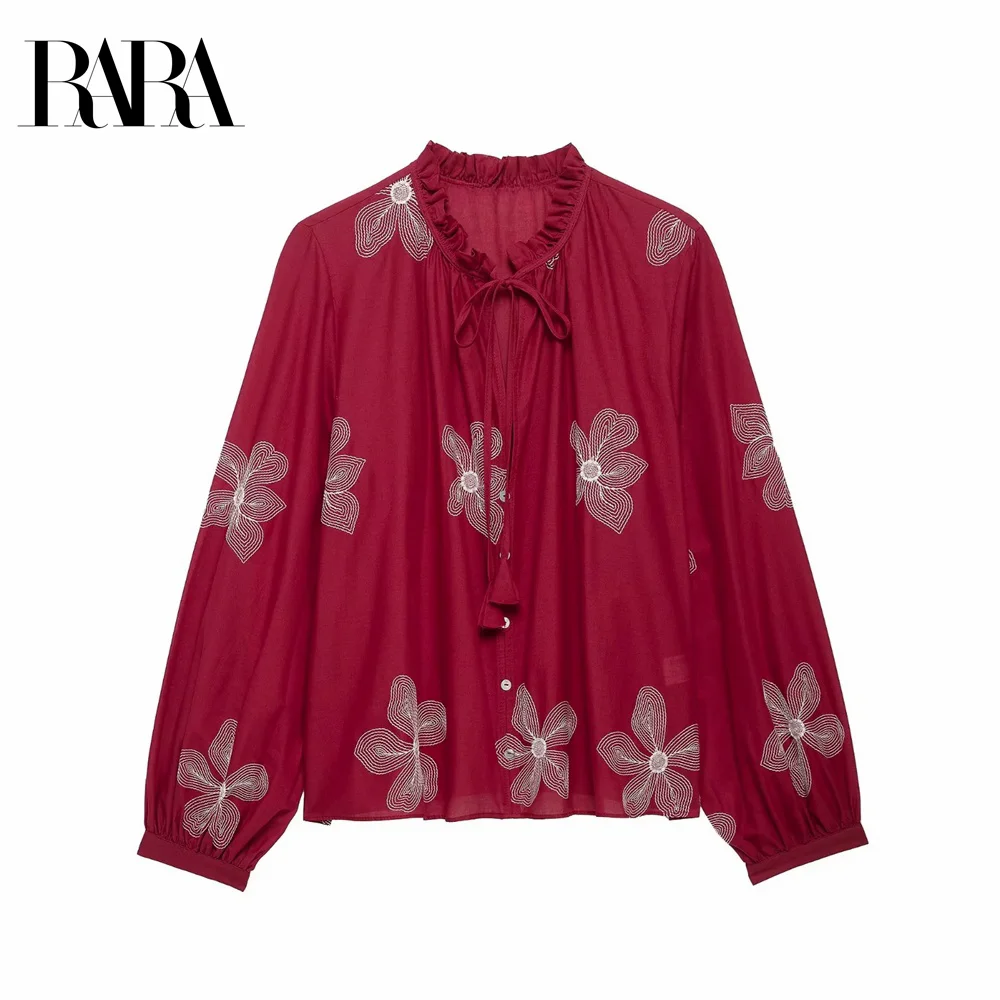 

2025 RARA Women's Long Sleeve Blouse with Ruffled Neckline Delicate Floral Embroidery and Tie Detail for a Charming Look