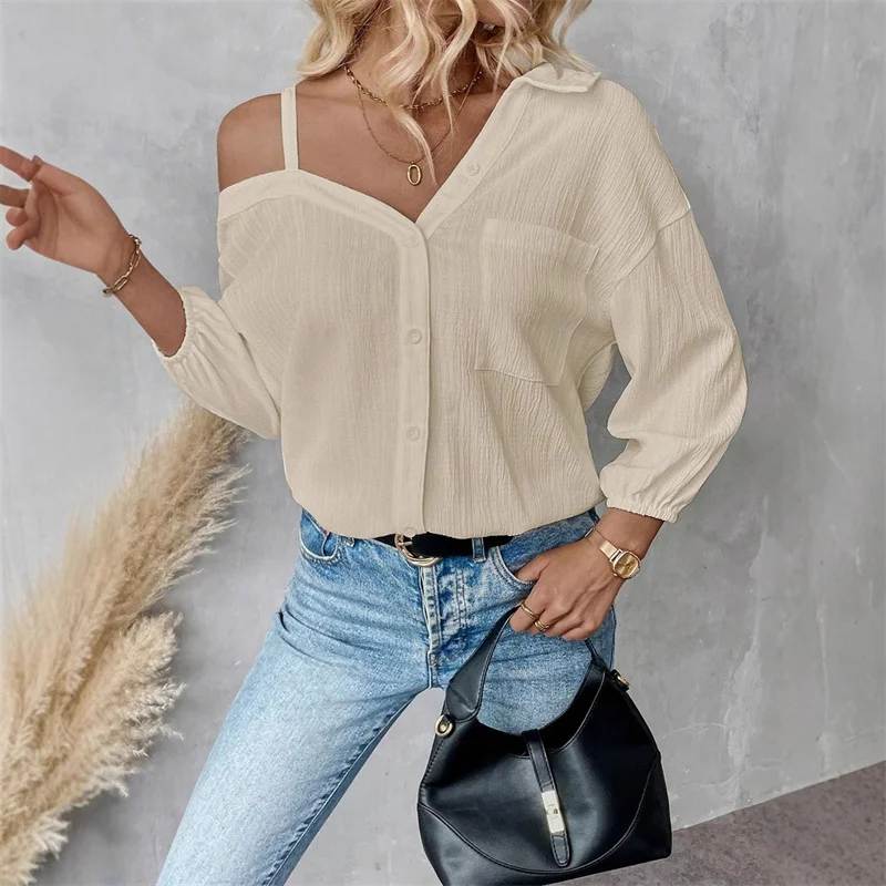 2025 femmes Blouse automne couleur unie Sexy évider conception chemises nouveau décontracté ample à manches longues chemise bureau dames Blusas Mujer