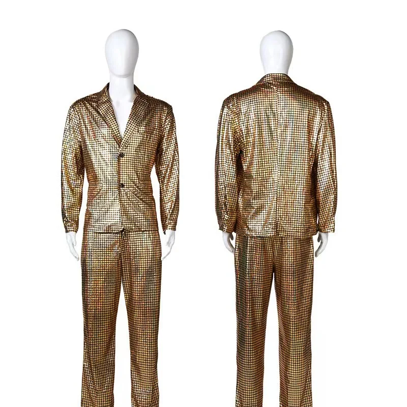 Fashionable New Men\'s Sequin Hot Stamping Suit Disco Cosplay Party Stage Nightclub Shiny and Cool Performance Suit Set SizeS-3XL