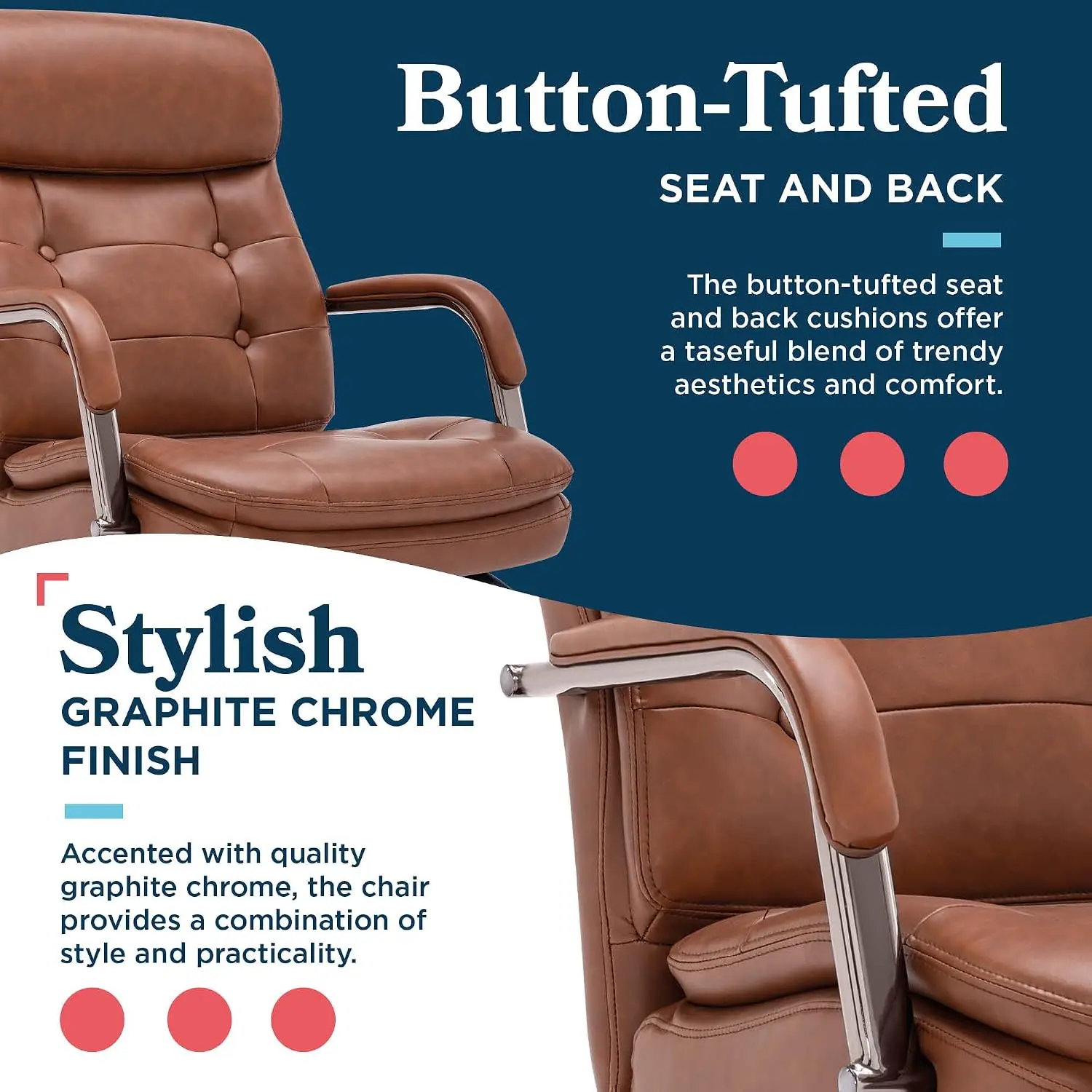 Mid-Back Office Chair, Button-Tufted Double Cushion, Padded Armrests, Ergonomic Swivel Base, Leather,  Customized