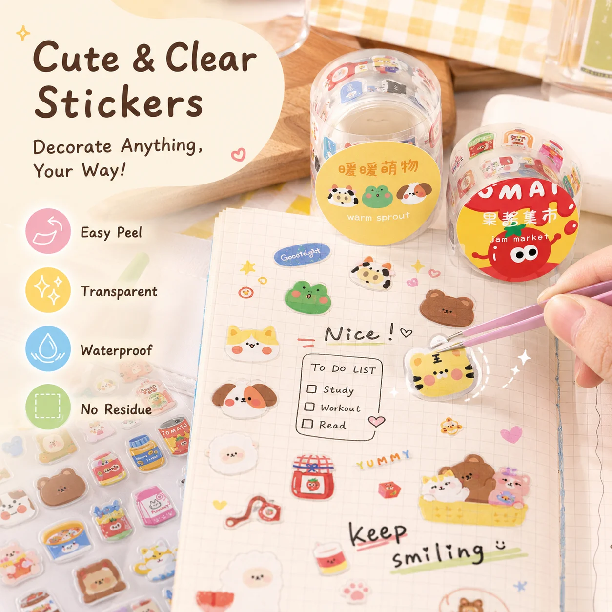 Transparent Waterproof Kawaii Sticker Set, Cartoon Tape Collection for Journaling, Cute Decorative Small Patterns