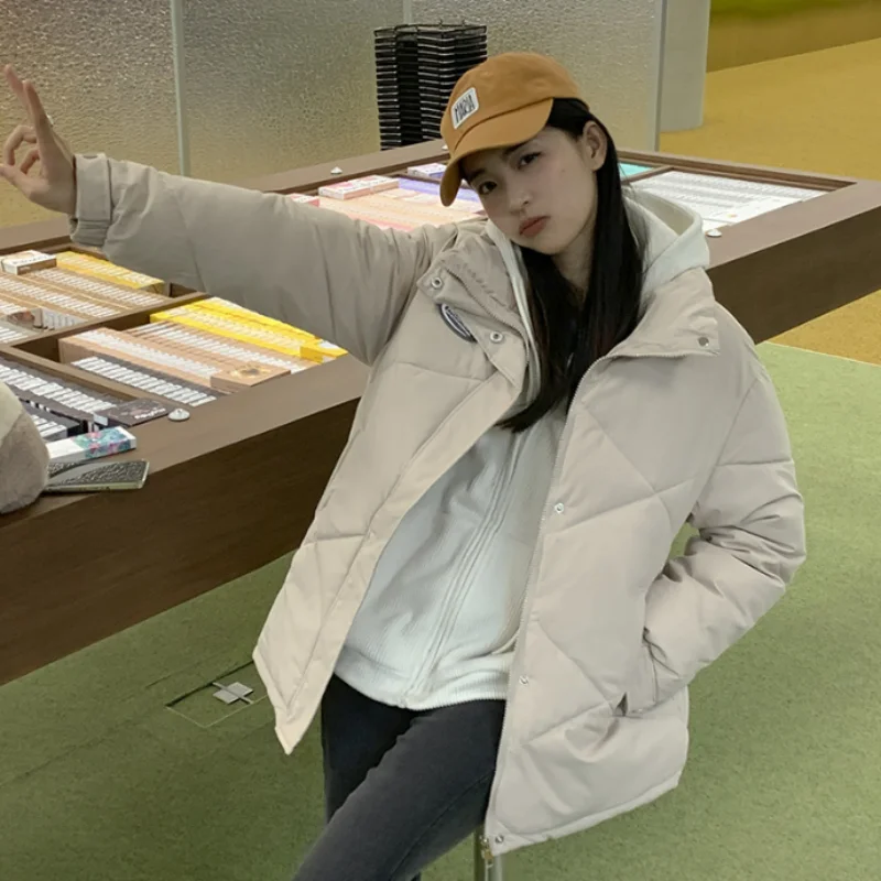 

Women Beige Down Clothes Warm Solid Zipper 2023 Winter New Korean Fashion Leisure Windproof Puffer Padded Outwear Grey Tops
