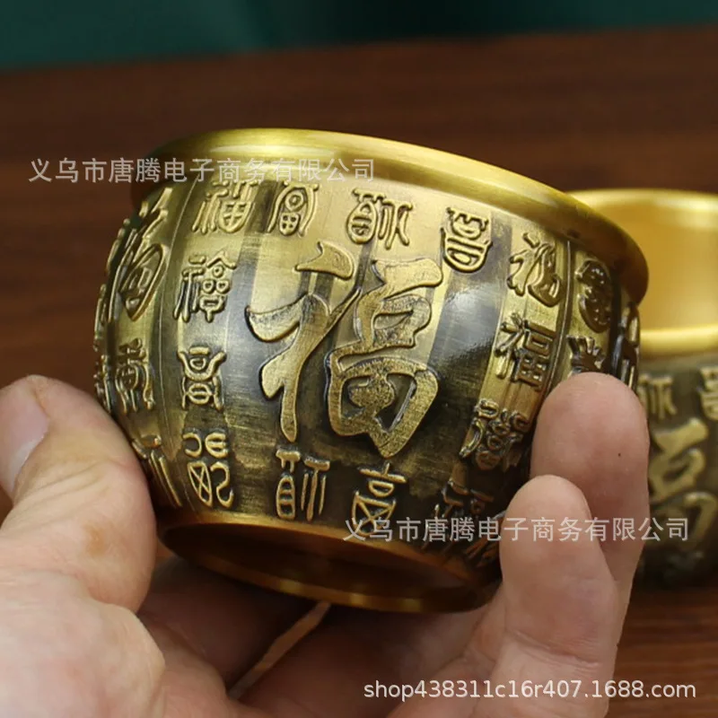 Brass Carved Baifu Cylinder Small Copper Ware Living Room Study Pure Copper Fortune Copper Cylinder Decoration Metal Crafts