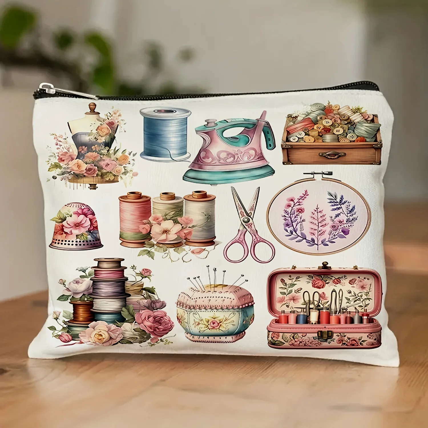 Hand Sewn Themed Makeup Bag Vintage Sewing Machine Floral Print Durable Zipper Foldable Large Capacity Travel Cosmetic Organizer