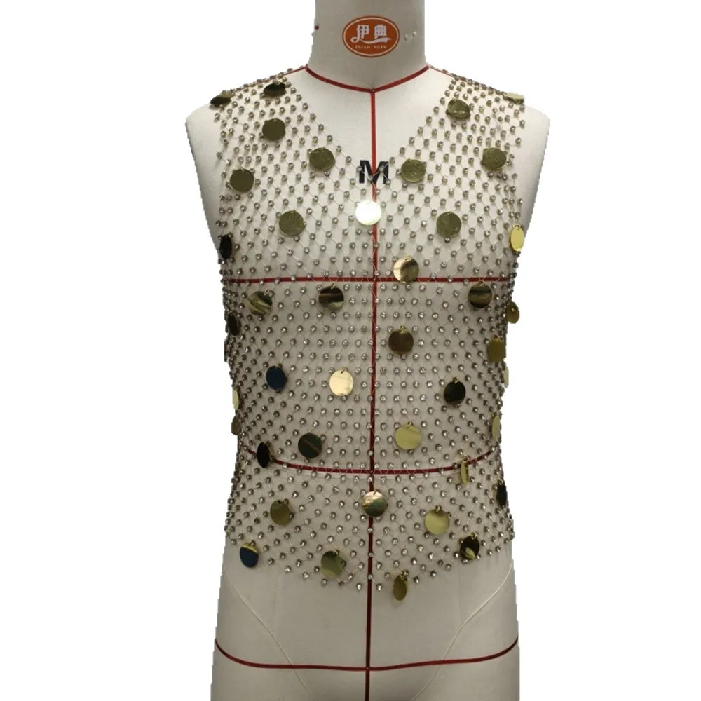 Nightclub Party Diamond Sequin Sheer Fishnet Tank Top For Men Sexy Cutout Design Elegant Sparkle Rhinestone-Embellished Top