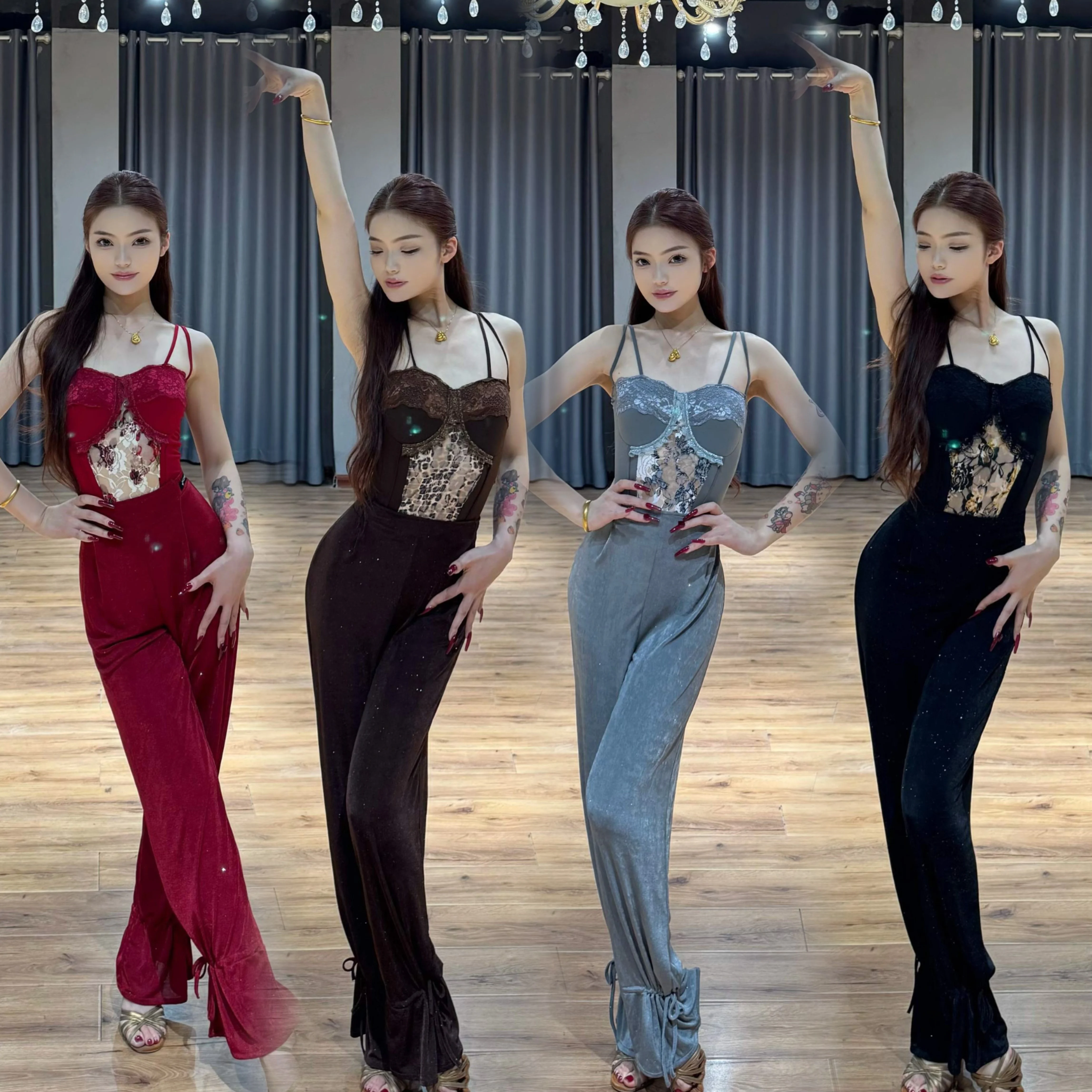 

Костюмы для латинских танцев 2025, тренировочный костюм, женский кружевной топ, брюки с высокой талией, брюки для самбы, танго, тренировочная одежда DN22131