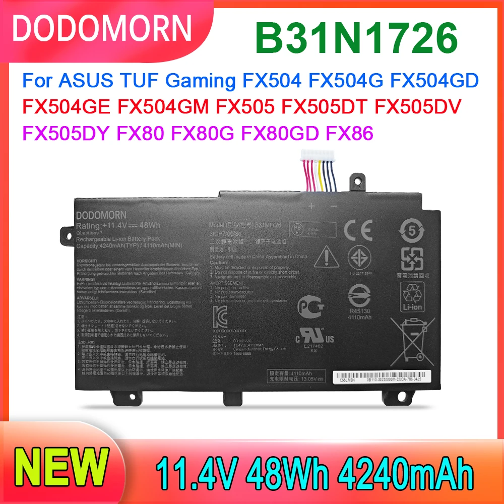 Аккумулятор для ноутбука DODOMORN B31N1726 для ASUS TUF Gaming FX504 FX504G FX504GD FX504GE FX504GM FX505 FX505DT FX505DV FX80G FX80 48Wh