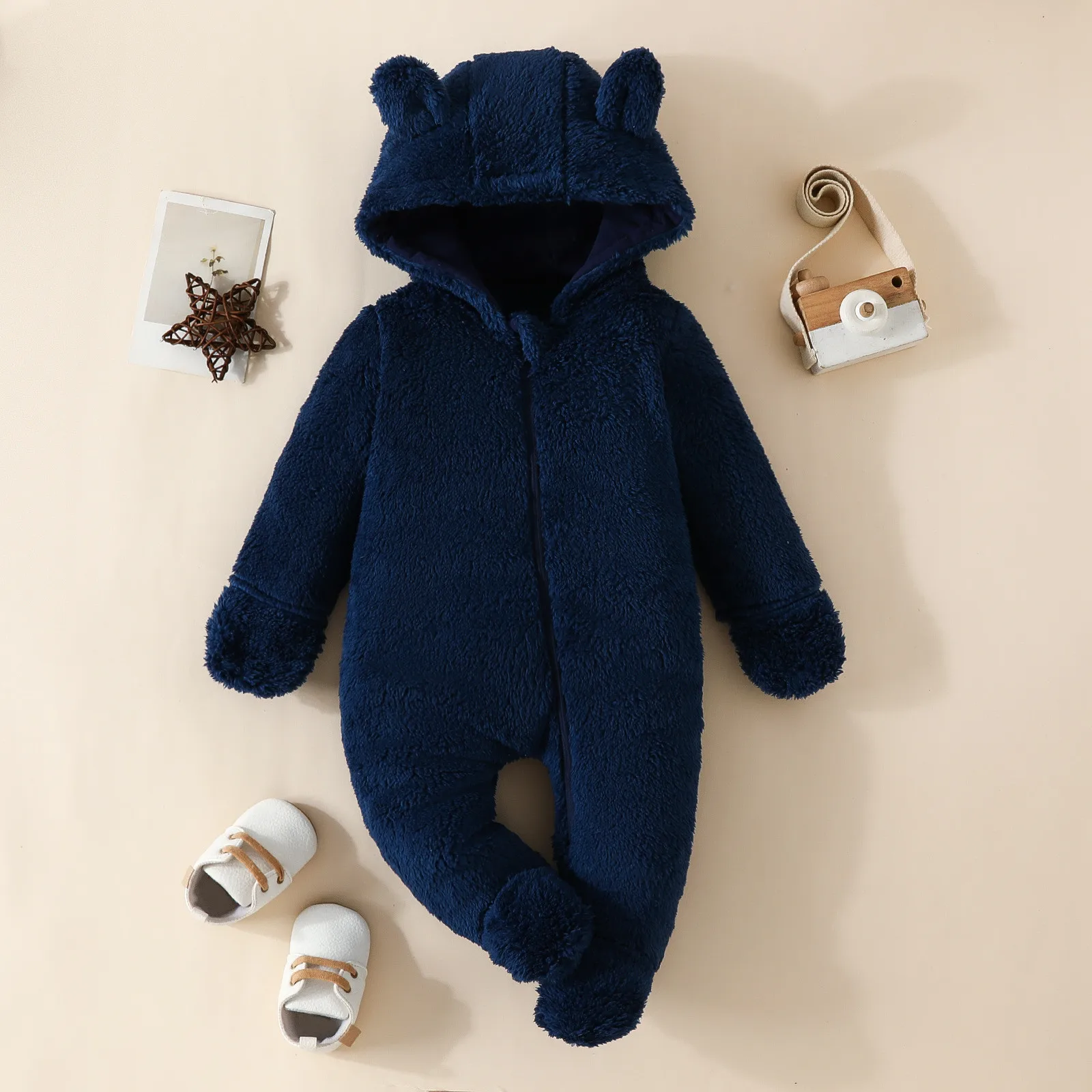 Cute Plush Bear Baby Rompers Toddler Girl Overall Jumpsuit Spring Autumn Hooded Zipper Baby Boys Romper Infant Crawling Clothing