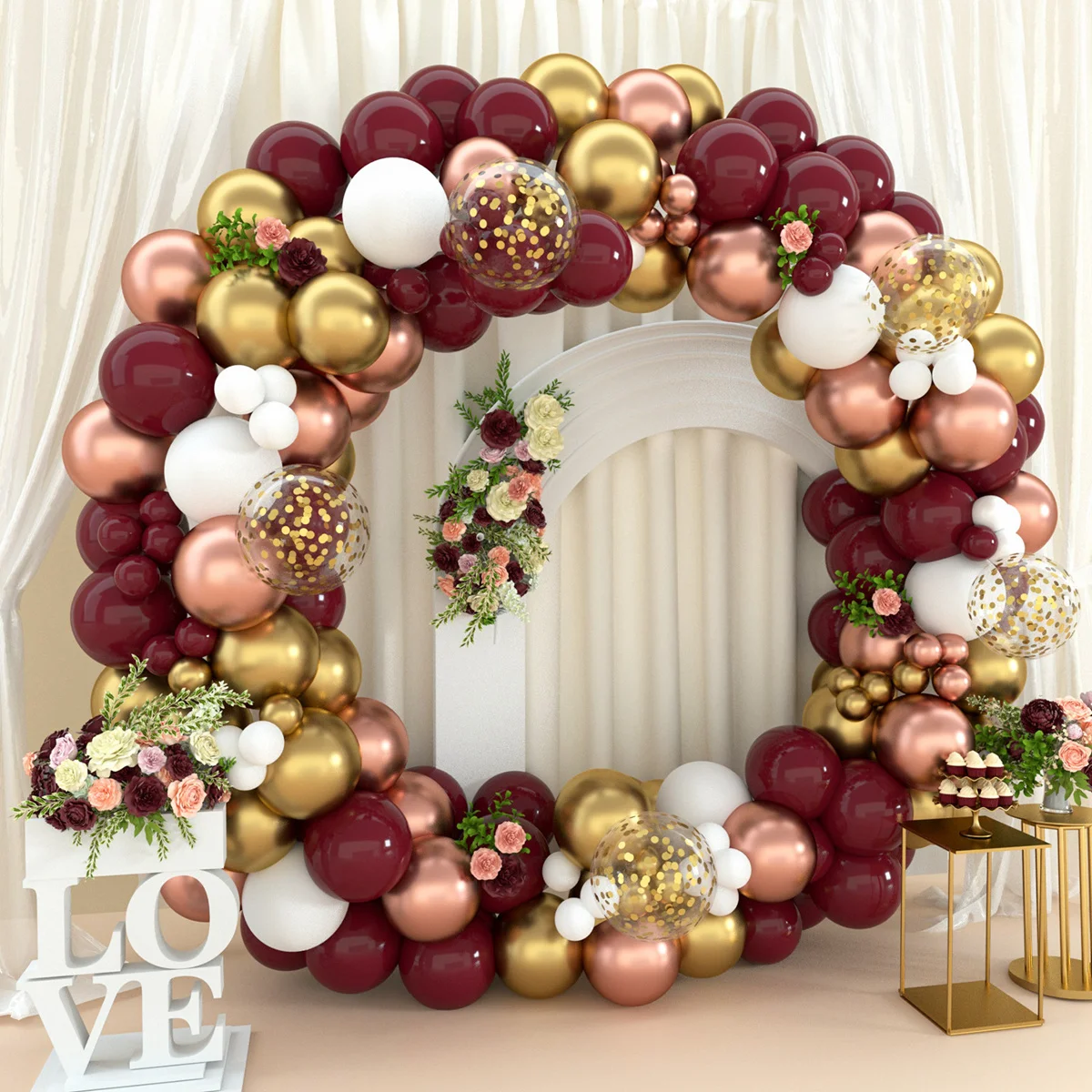 1Set Burgundy Wine Red Balloons Garland Kit Ruby Red Balloon Arch Gold Chrome Balloons Valentines Day Decor Wedding Party Decor