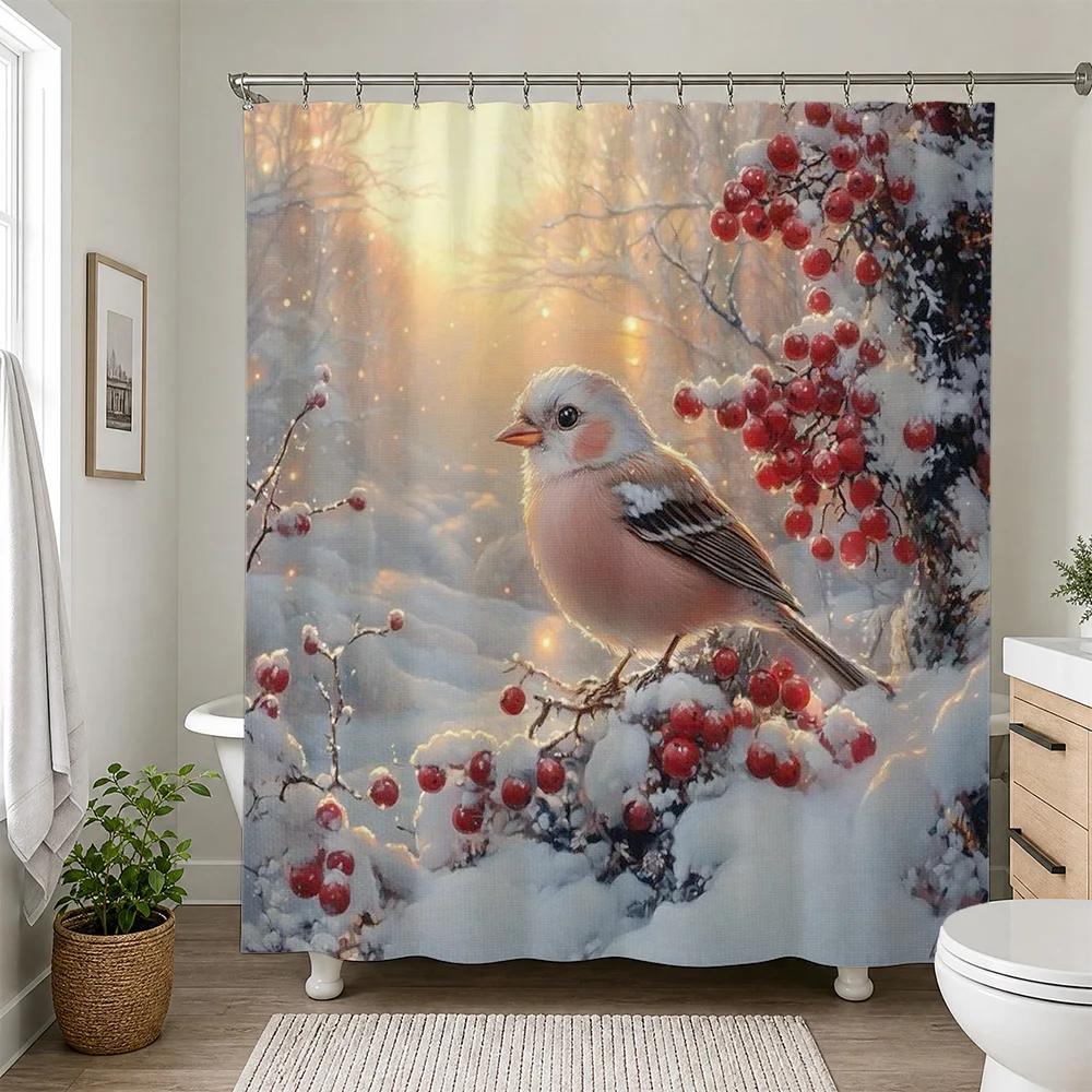 Beautiful Winter Bird and Red Berries Shower Curtain Bathroom Decor Curtain for Cozy Bathroom Shower Curtain